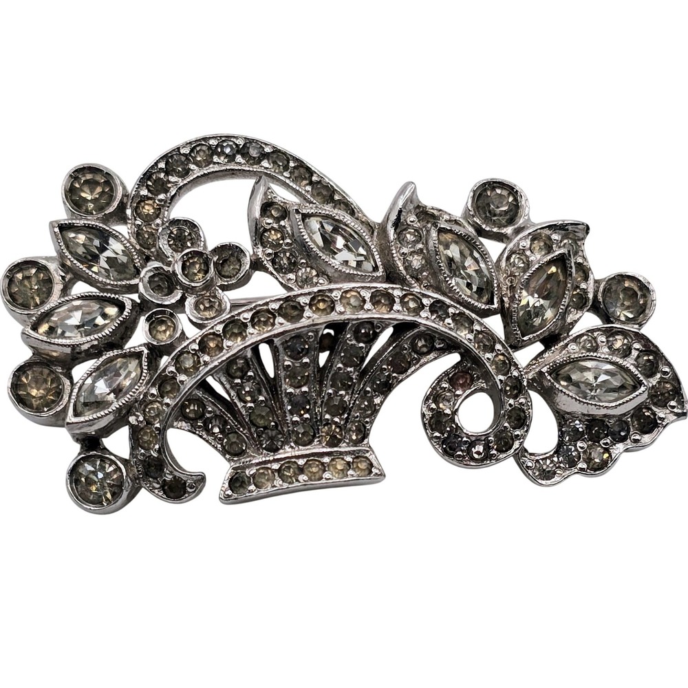 Vintage Flower Basket Brooch Silver Tone Rhinestone Floral Pin Marquise Accents